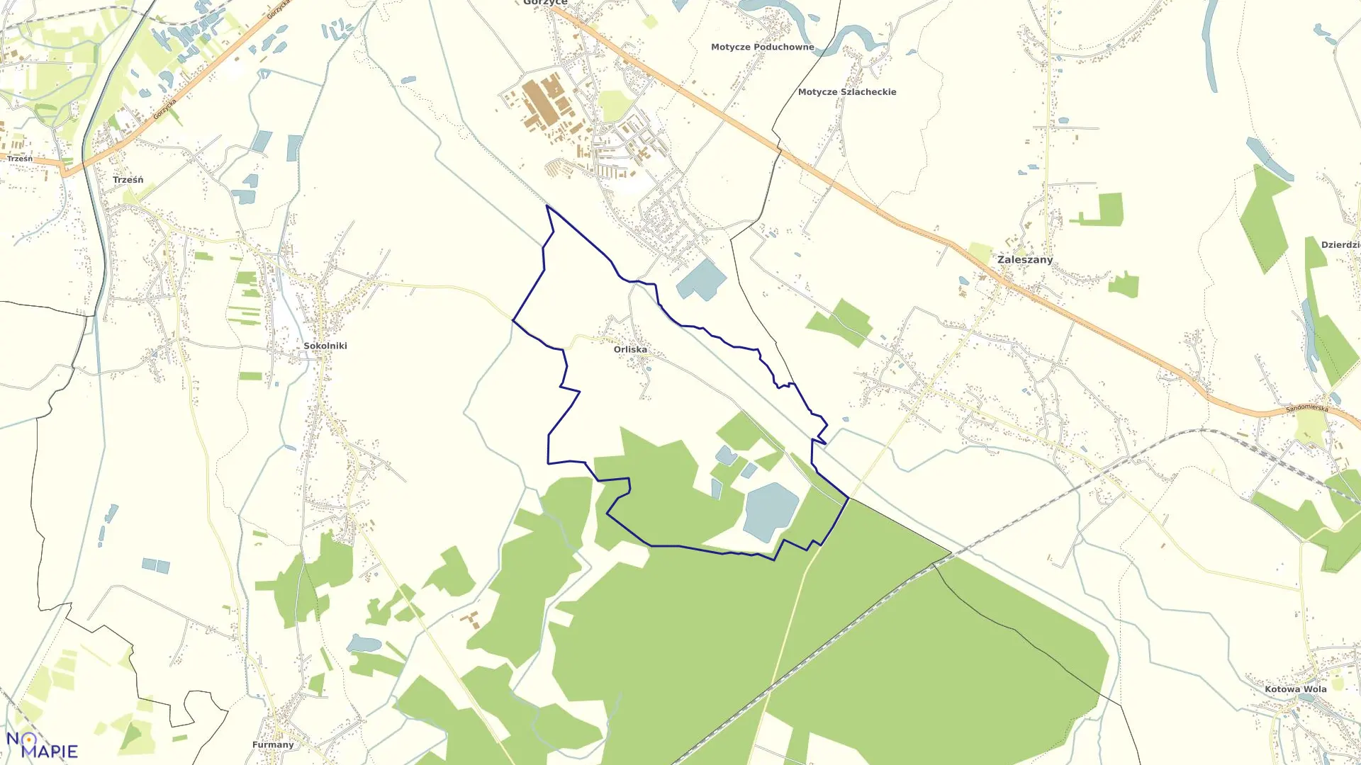 Mapa obrębu Orliska w gminie Gorzyce